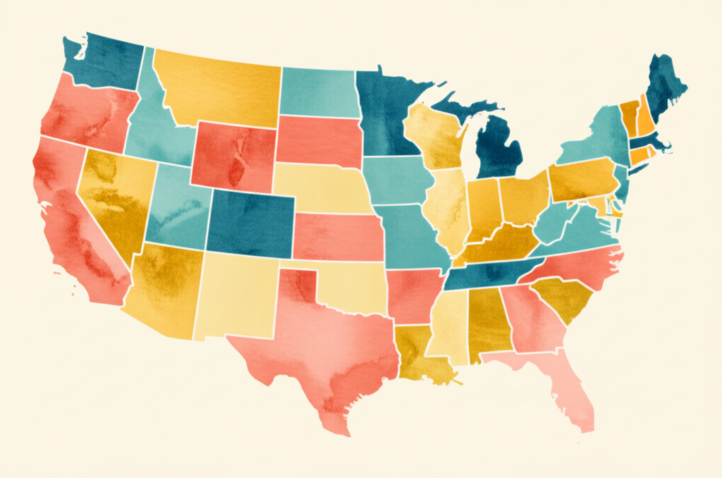 Warm watercolor illustration of a US map with states highlighted in coral, teal, and gold tones showing surrogate compensation by state