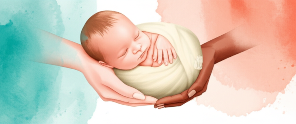 Warm watercolor illustration of hands cradling a newborn baby, representing The Surrogacy Foundation's first grant program birth